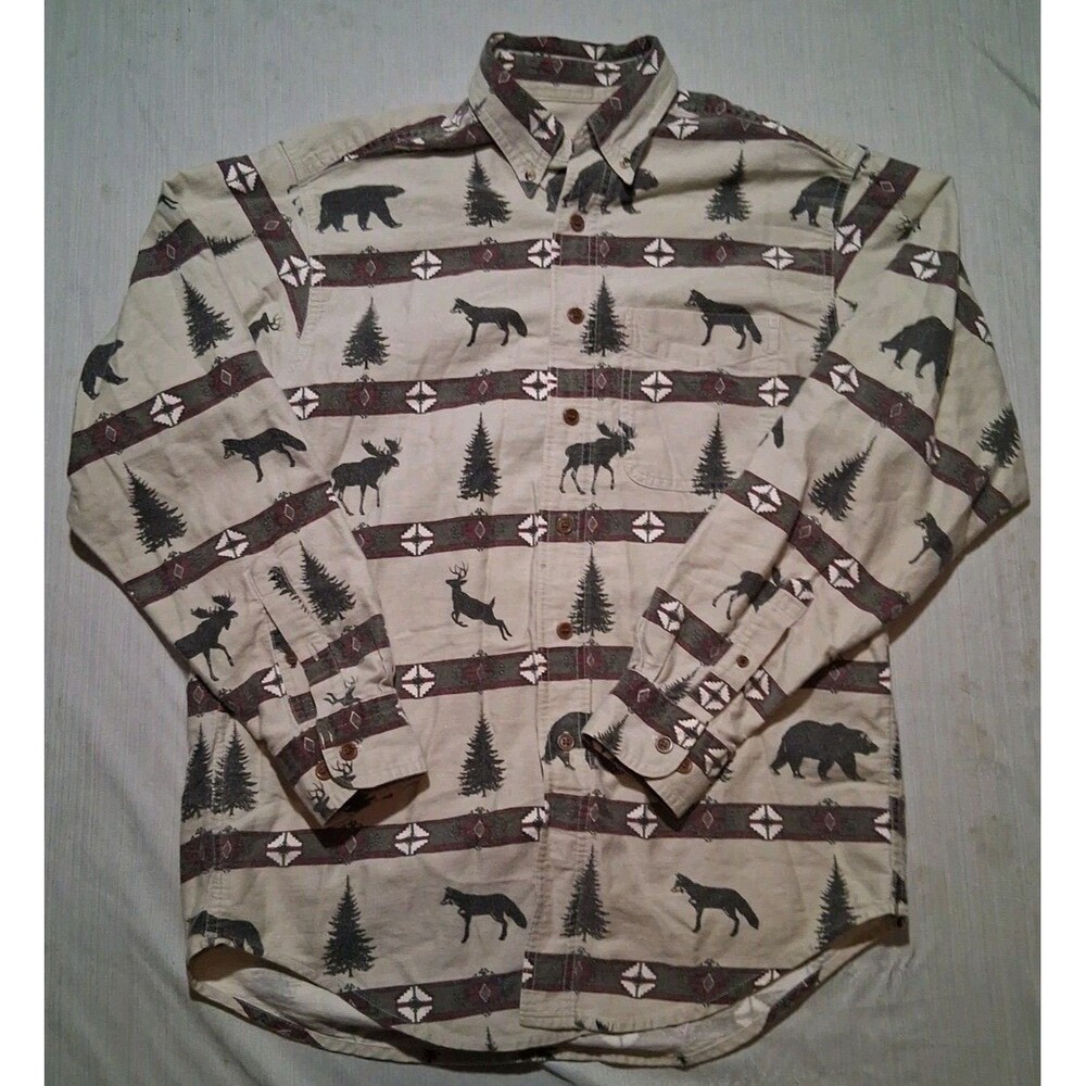 Vintage Woolrich Moose, Deer, Fox All Over Print Button Up Shirt Size Med Nature